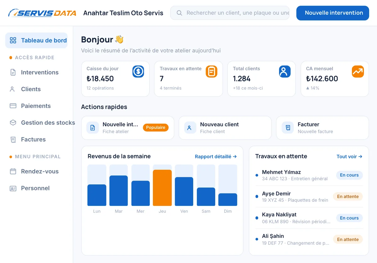 ServisData – écran de la plateforme cloud de gestion de garage